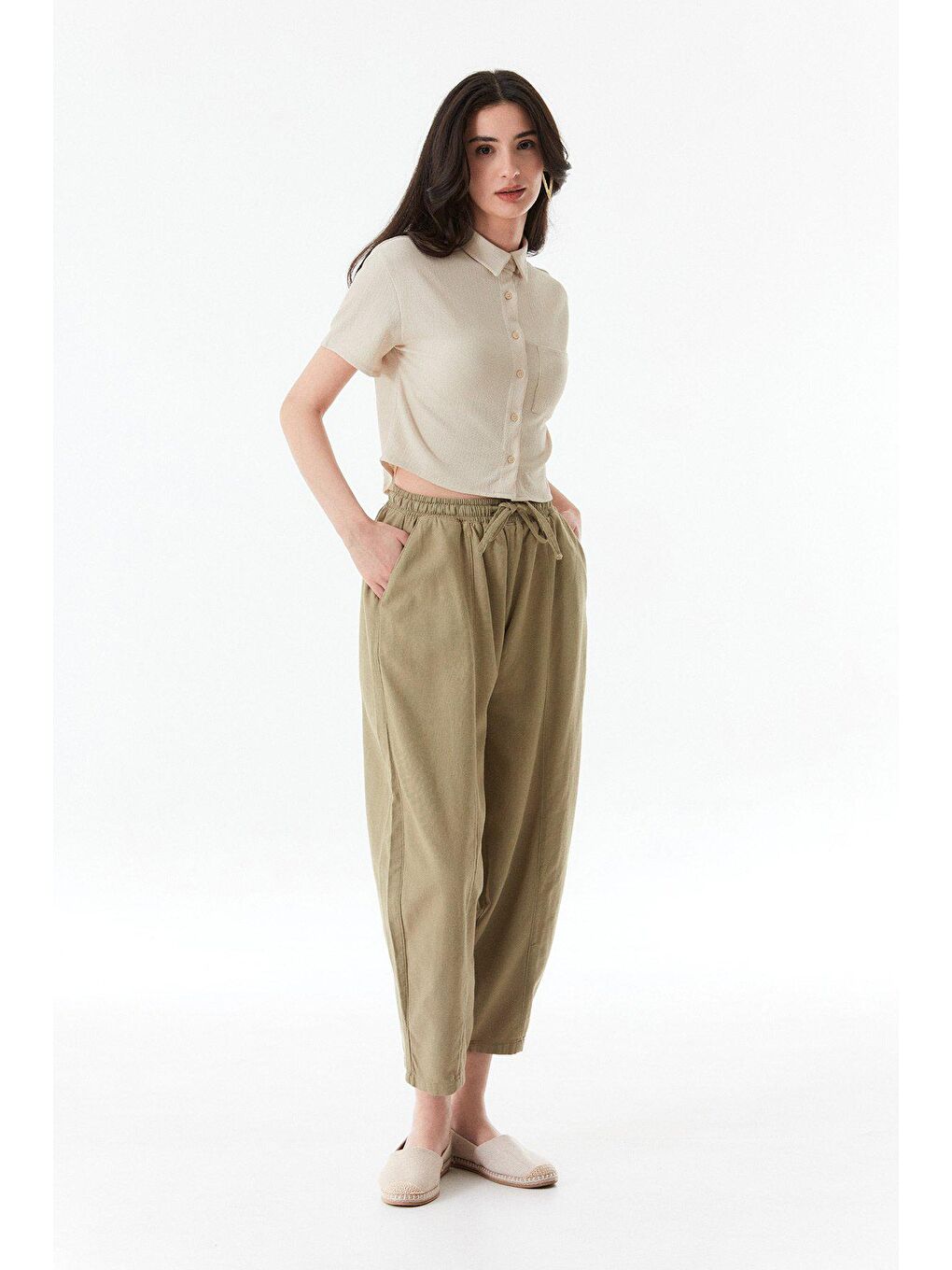 Haki Beli Lastikli Yüksek Bel Keten Şalvar Pantolon-3