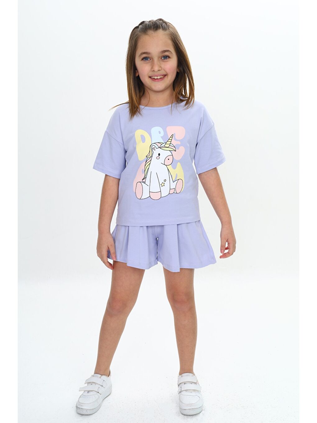 Lila Kız Çocuk Ponny Baskılı Şortlu Takım