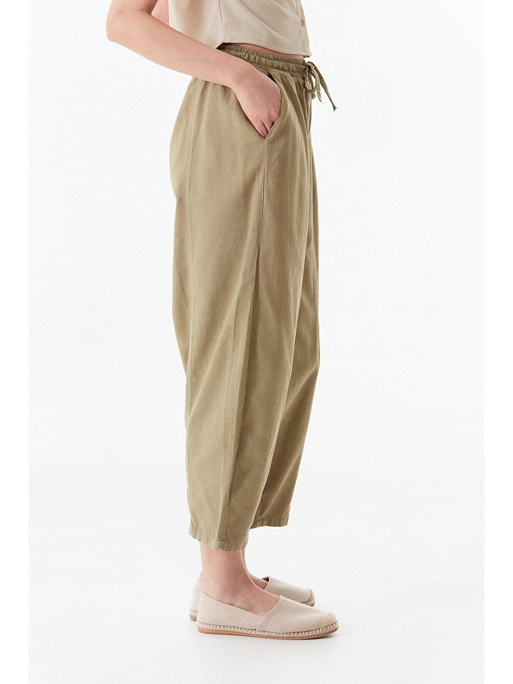 Haki Beli Lastikli Yüksek Bel Keten Şalvar Pantolon-4