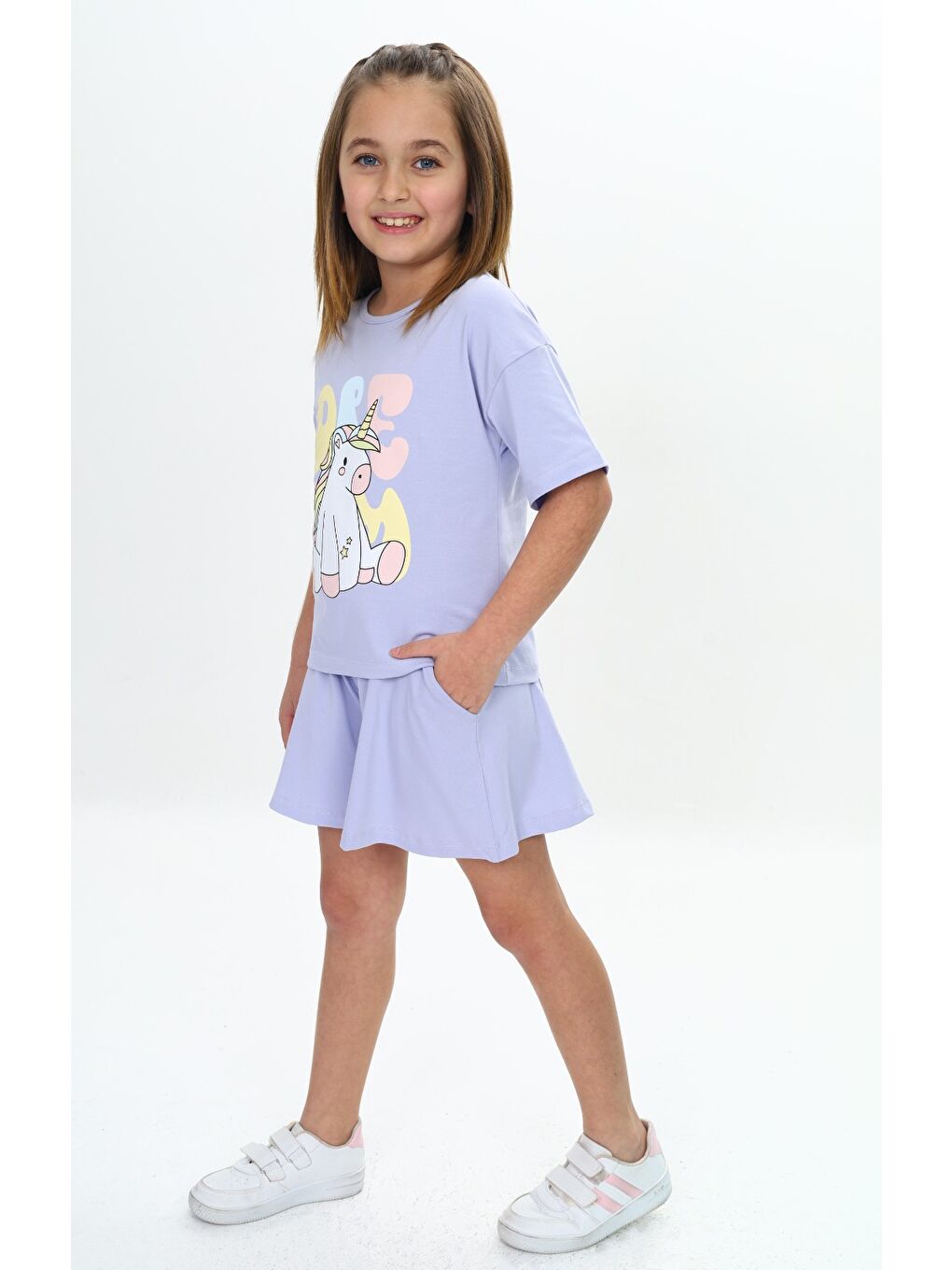 Lila Kız Çocuk Ponny Baskılı Şortlu Takım-1
