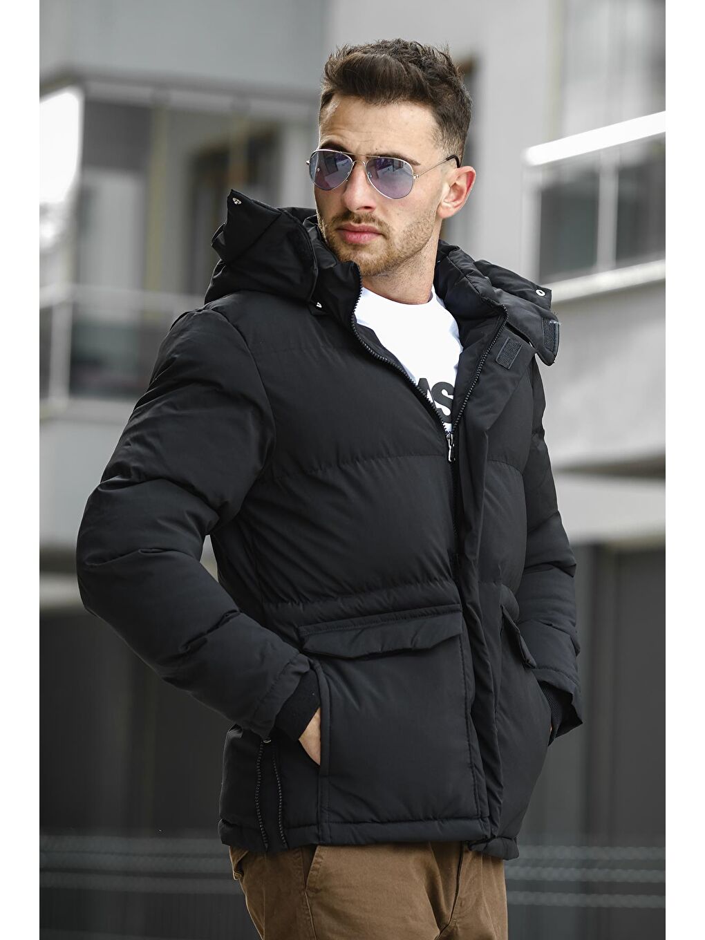 Siyah Edoardo Eteği Fermuar Detaylı İçi Polarlı Suya Dayanıklı Erkek Mont Kaban-3