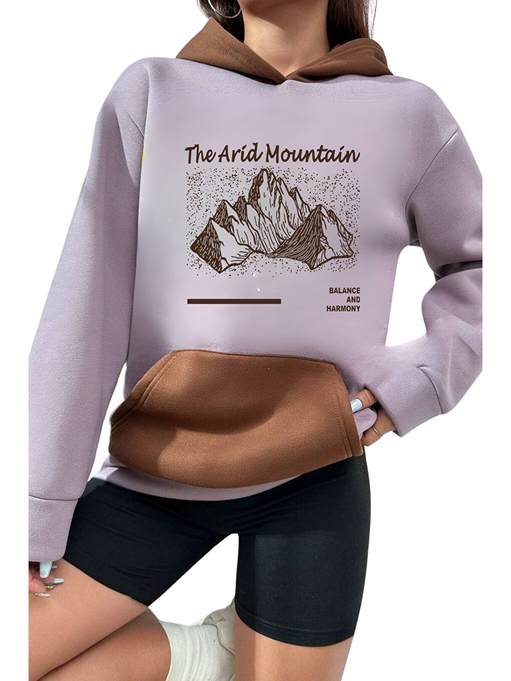 Trendseninle Kahverengi Kadın Lila Kahve Arid Mountain Baskılı Kapüşonlu Oversize Sweatshirt