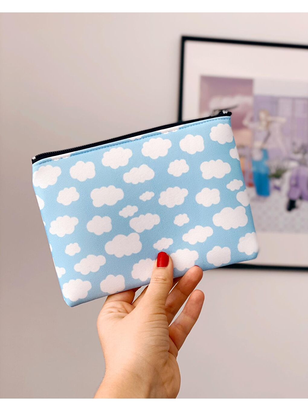 Bikutumutluluk Su Mavisi Bulutlar Mavi Makyaj Çantası Clutch