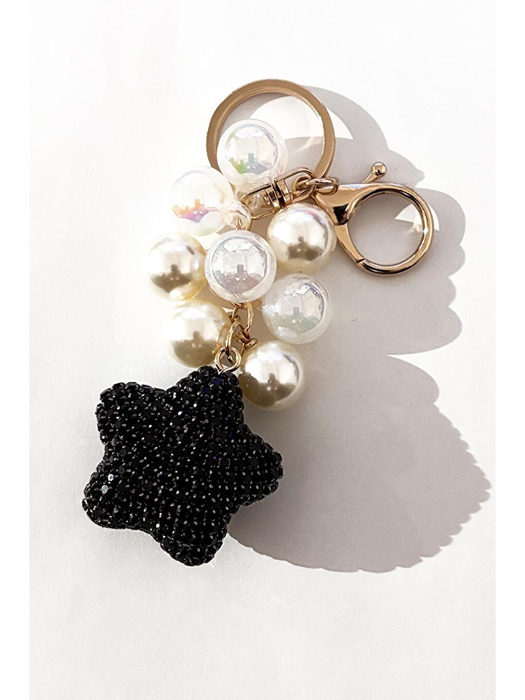 Siyah Parlak Taşlı Kristal Kalp Uçlu Anahtarlık Çanta Süsü