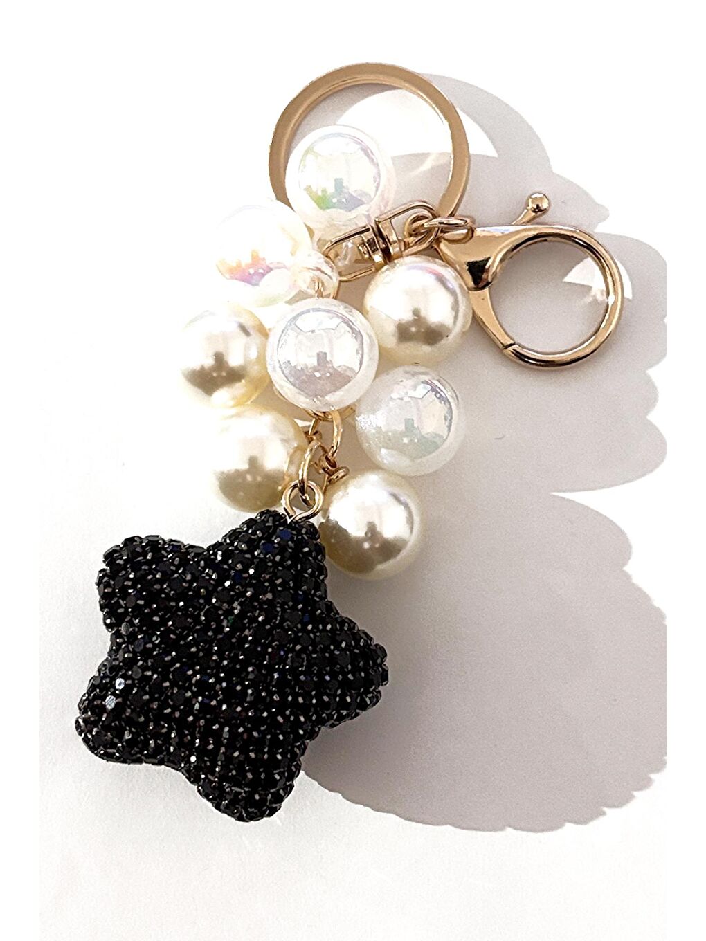 Siyah Parlak Taşlı Kristal Kalp Uçlu Anahtarlık Çanta Süsü-2