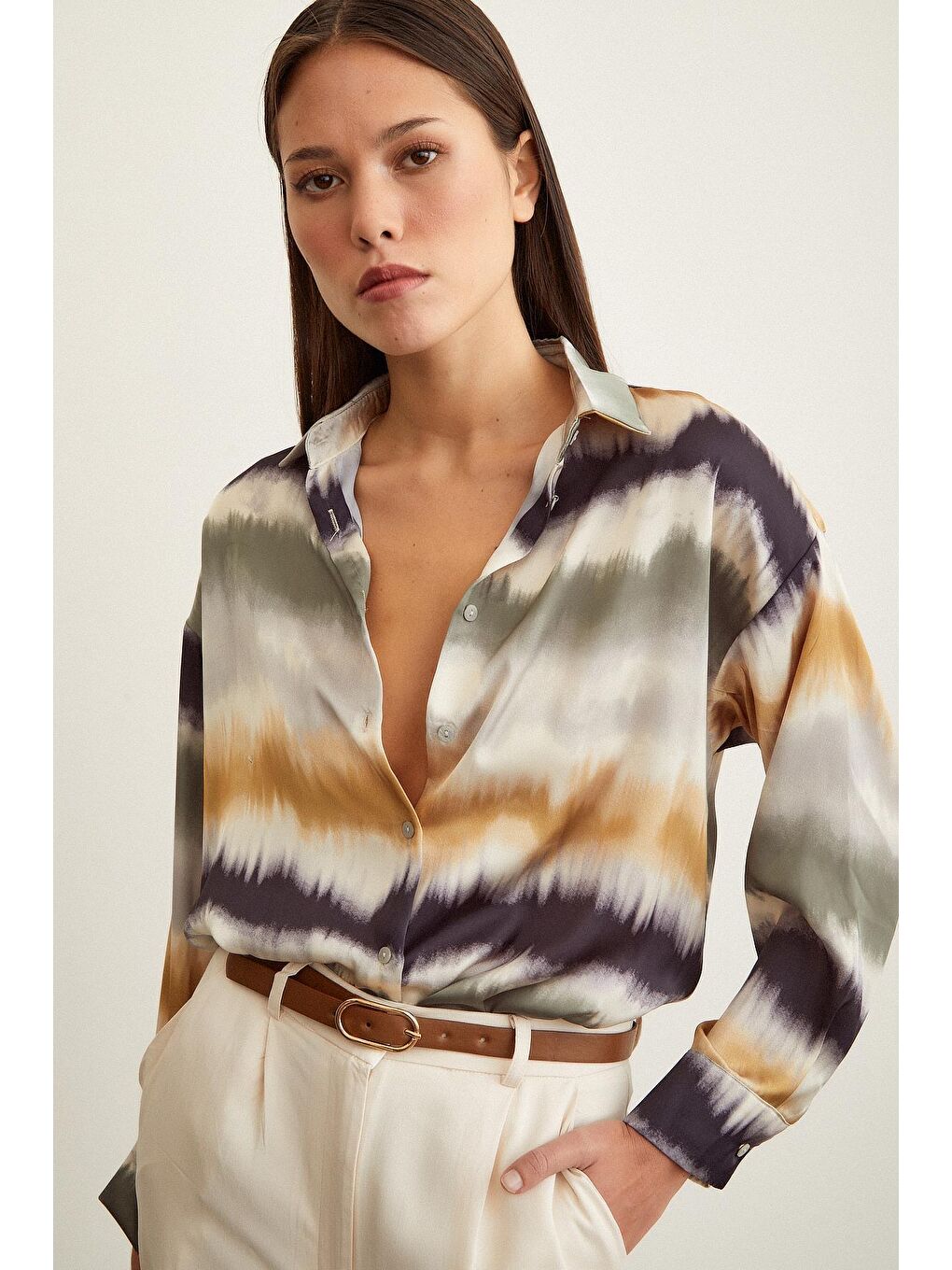 Haki Sulu Boya Desenli Gömlek-5