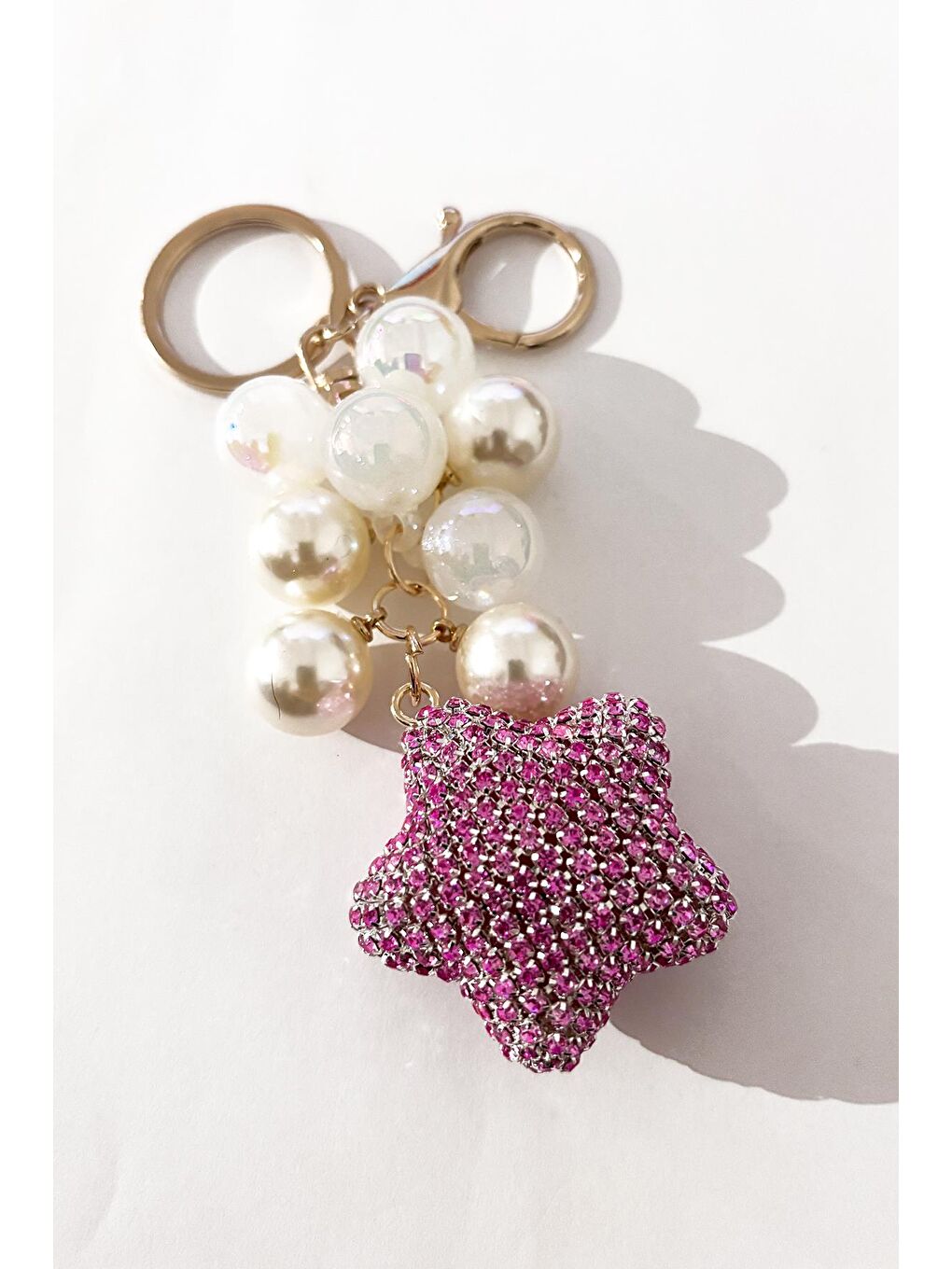 Pembe Parlak Taşlı Kristal Kalp Uçlu Anahtarlık Çanta Süsü