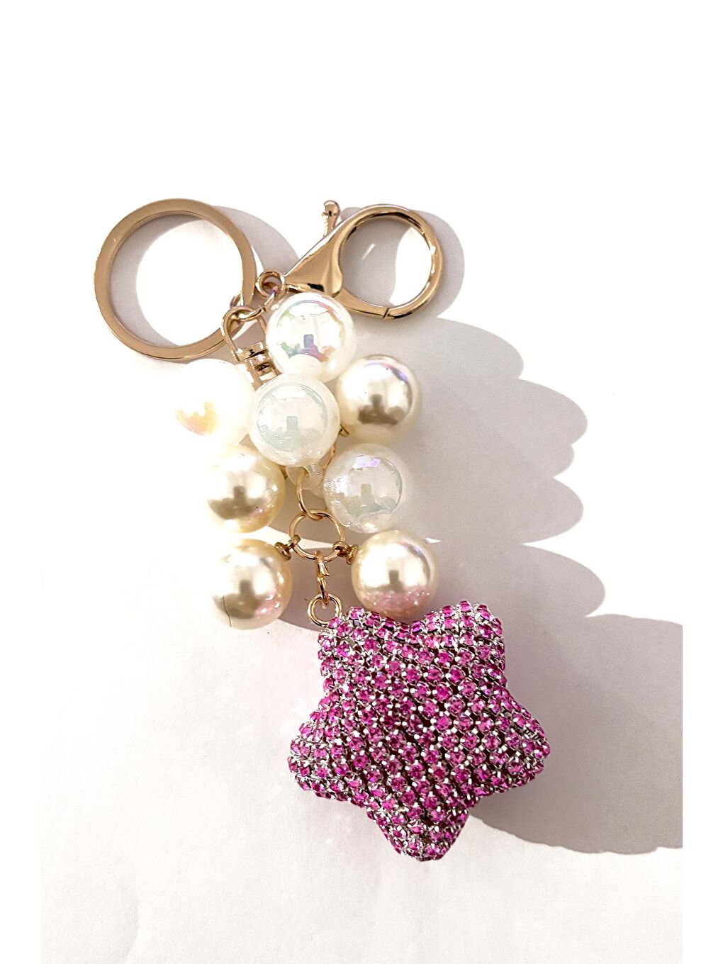 Pembe Parlak Taşlı Kristal Kalp Uçlu Anahtarlık Çanta Süsü-1
