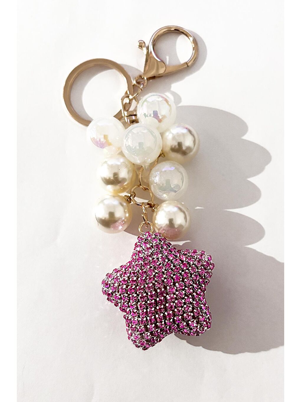 Pembe Parlak Taşlı Kristal Kalp Uçlu Anahtarlık Çanta Süsü-2