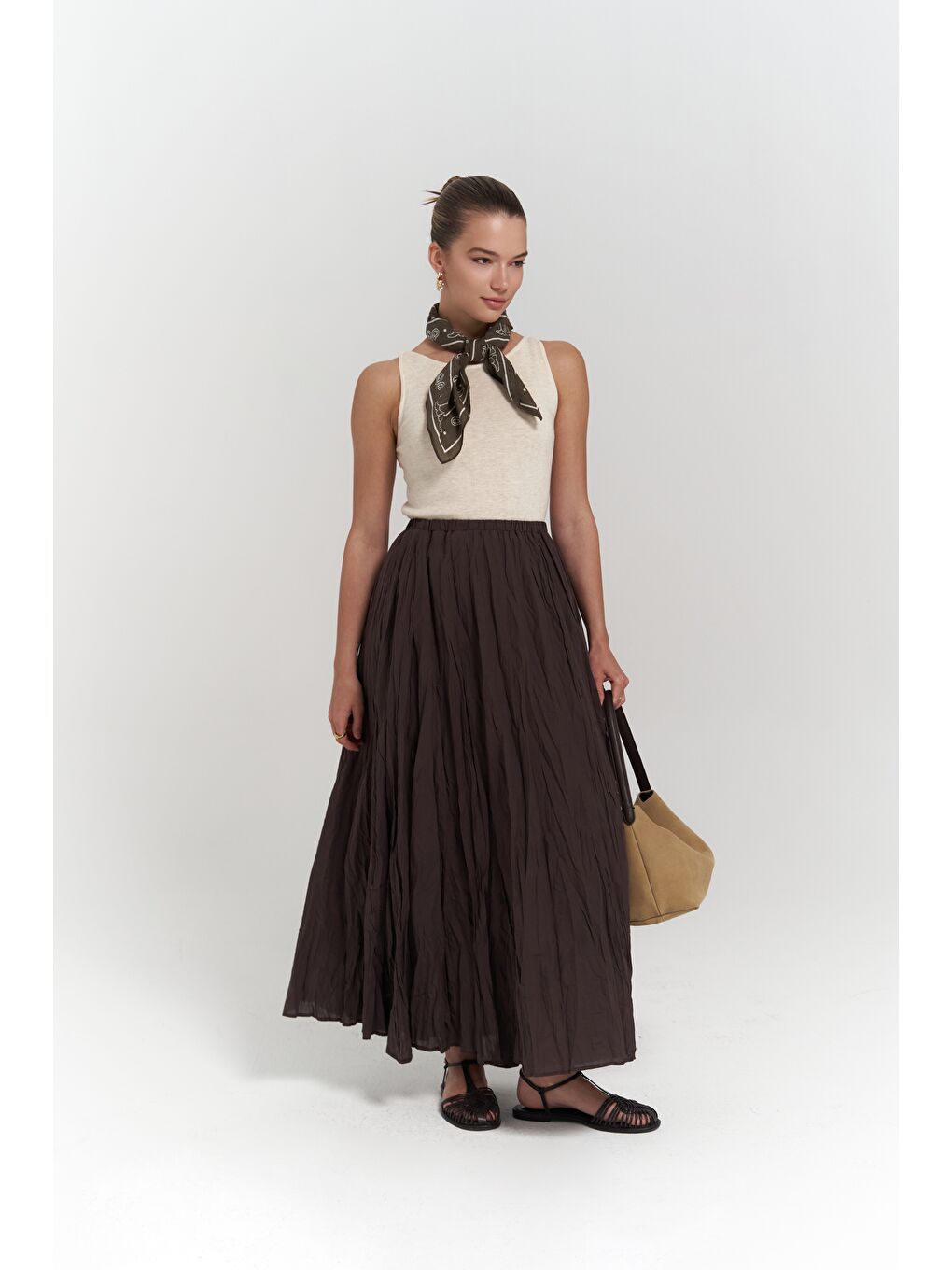 Kahverengi Jayla Kırışık Detay Uzun Kahve Etek-2