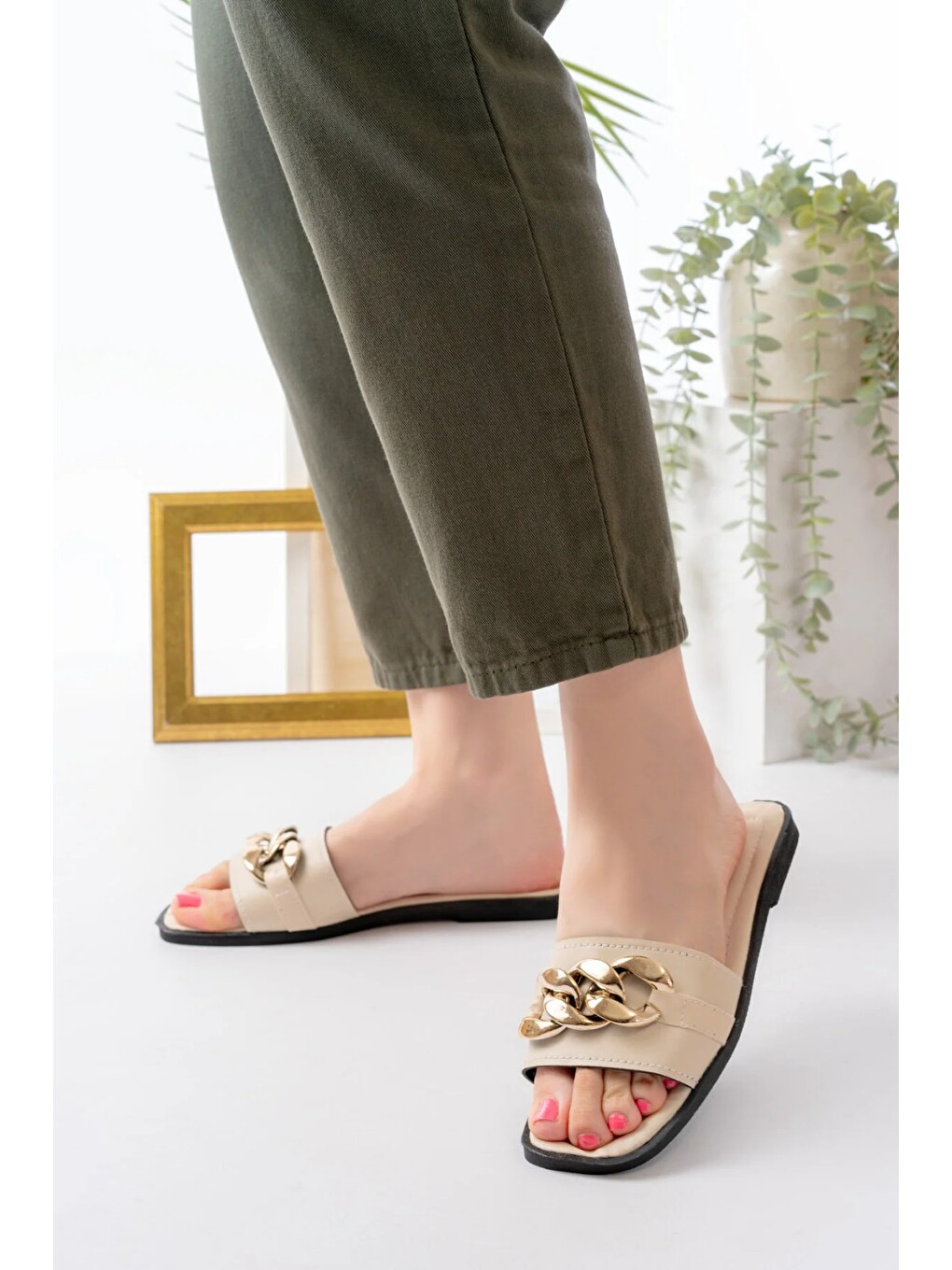 Ekru Zincirli Kadın Terlik Dış Mekan Sokak Plaj Ve Terliği-2
