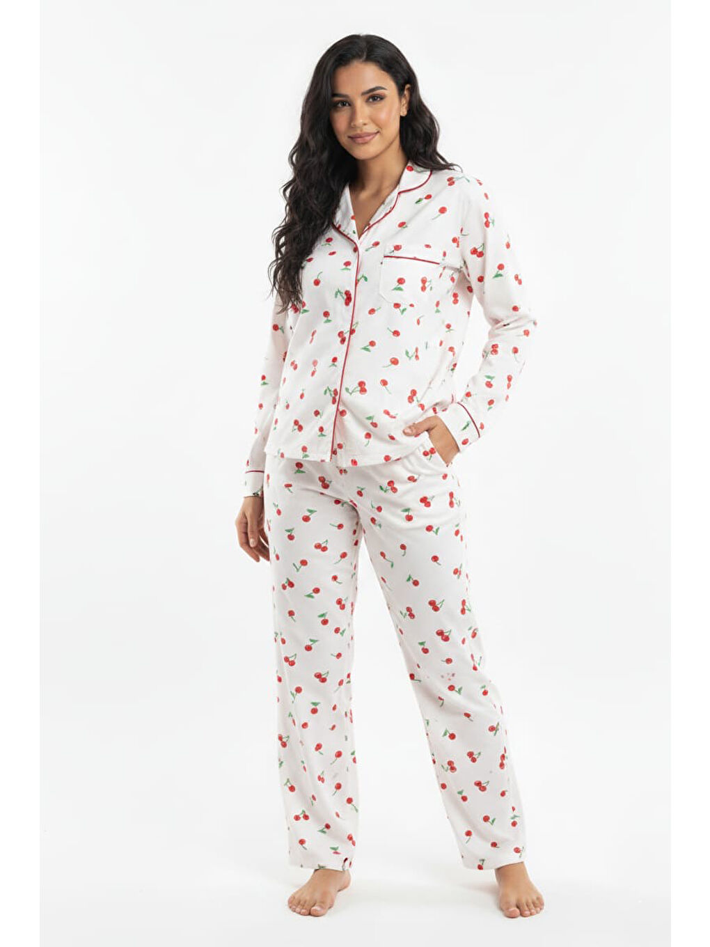 Kiraz Baskılı Pijama Takımı Beyaz - 27938-BEYAZ