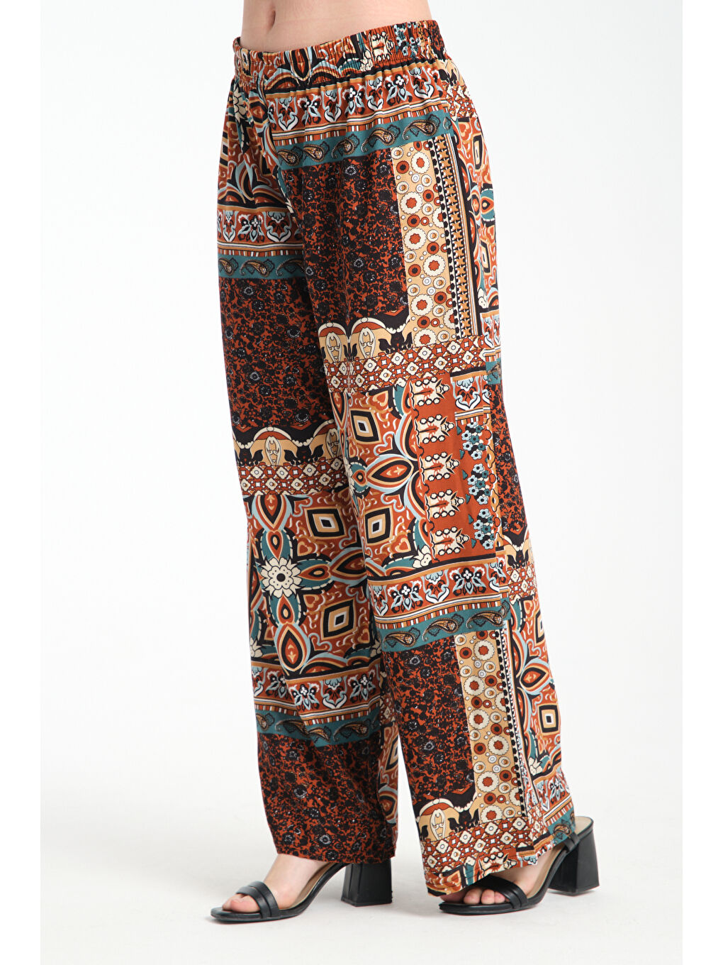 Bordo Kadın Desenli Dökümlü Viskon Pantolon 1072-2