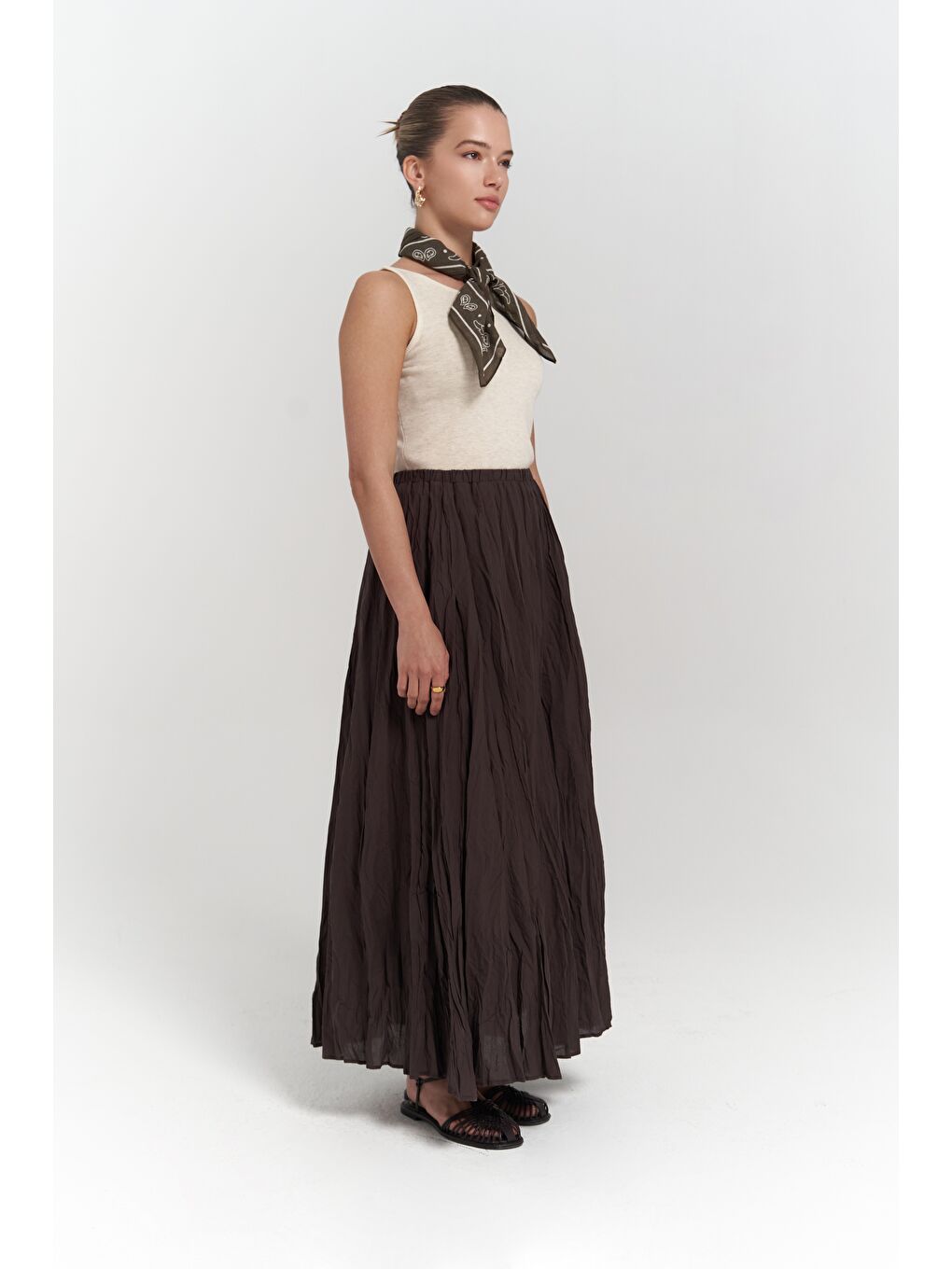 Kahverengi Jayla Kırışık Detay Uzun Kahve Etek-4