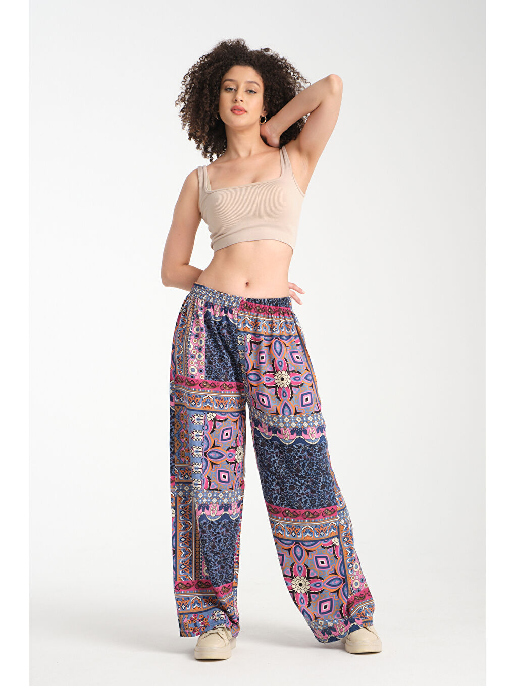 Mavi Kadın Desenli Dökümlü Viskon Pantolon 1072-1