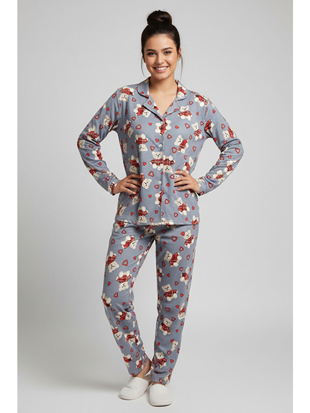Kalp Ve Ayıcık Baskılı Pijama Takımı Gri - 27947-GRI
