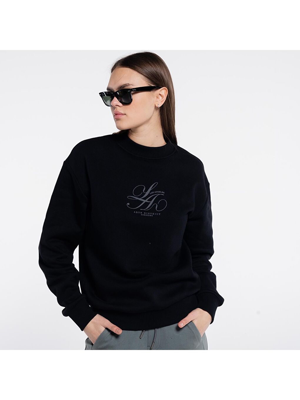 Dom Kadın Siyah Bisiklet Yaka Ekstra Oversize Sweatshirt - 3 İplik