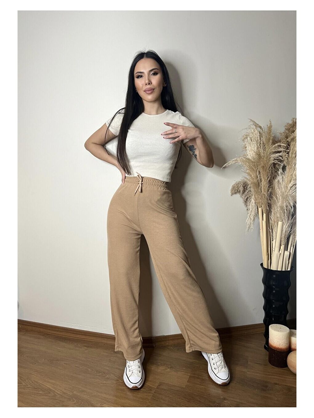 Bej Beli Lastikli Pantolon Bürümcük Kumaş