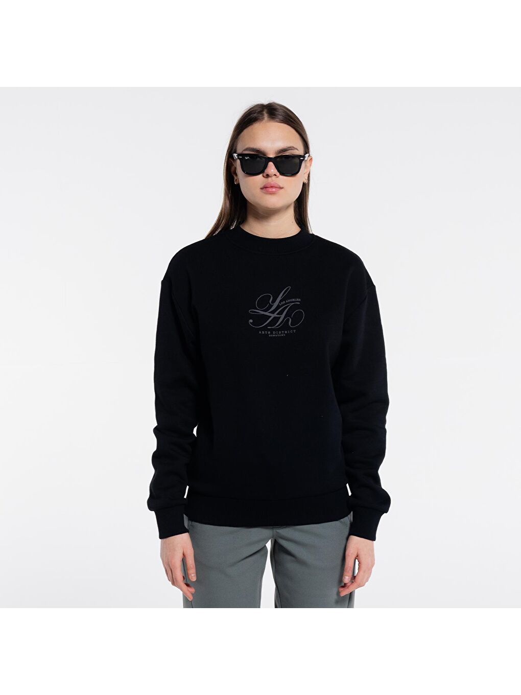 Dom Kadın Siyah Bisiklet Yaka Ekstra Oversize Sweatshirt - 3 İplik-1
