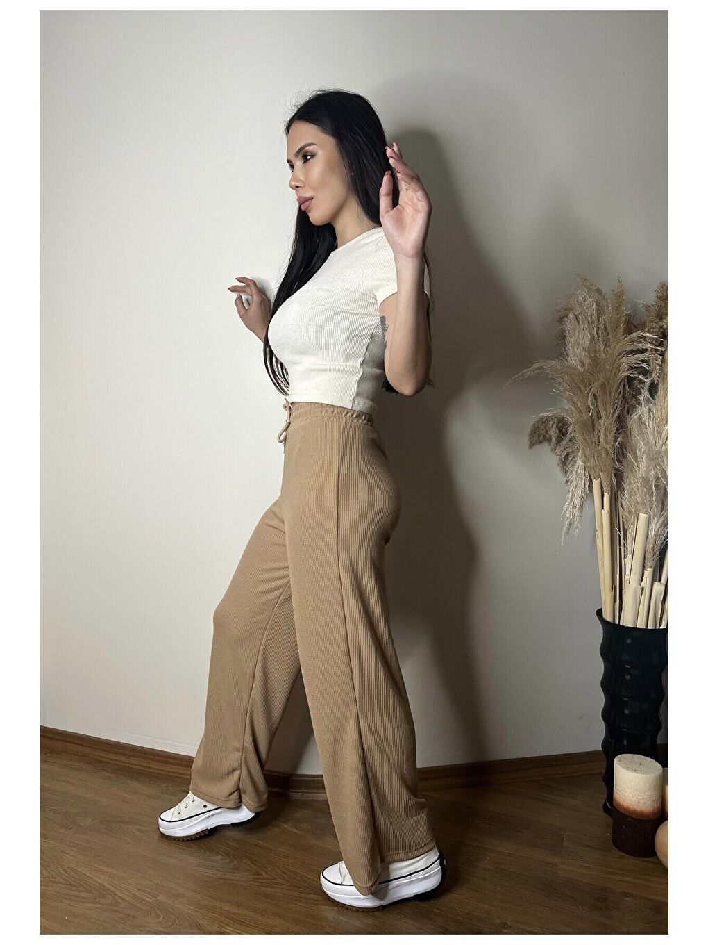 Bej Beli Lastikli Pantolon Bürümcük Kumaş-1