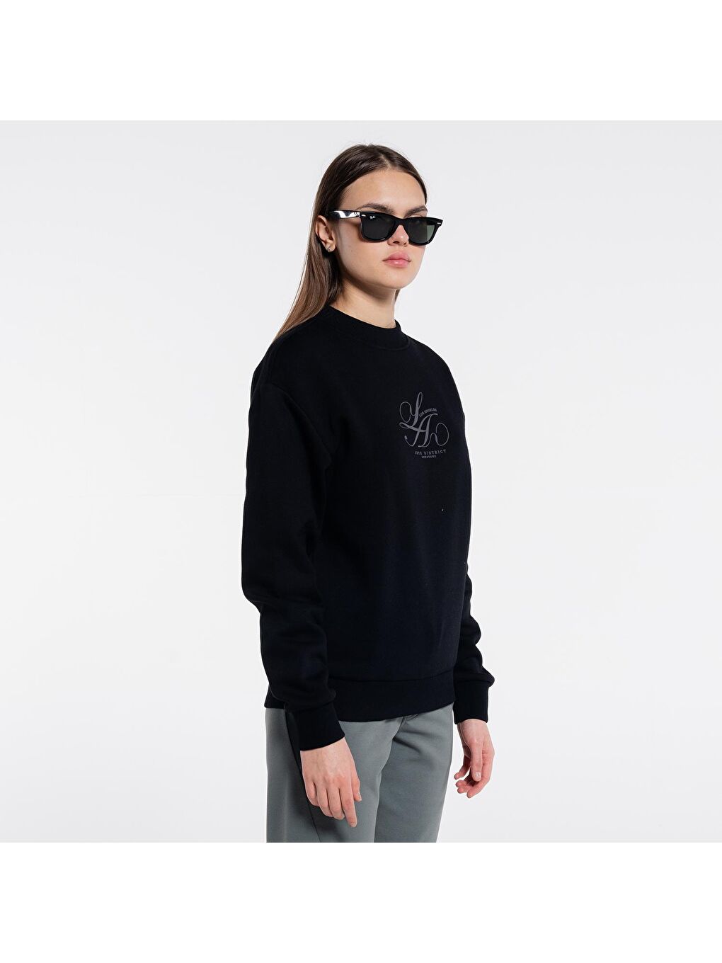 Dom Kadın Siyah Bisiklet Yaka Ekstra Oversize Sweatshirt - 3 İplik-4