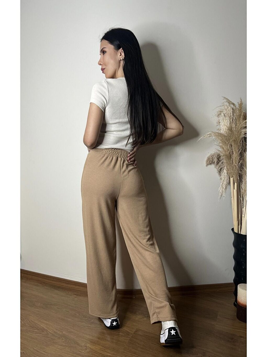 Bej Beli Lastikli Pantolon Bürümcük Kumaş-2