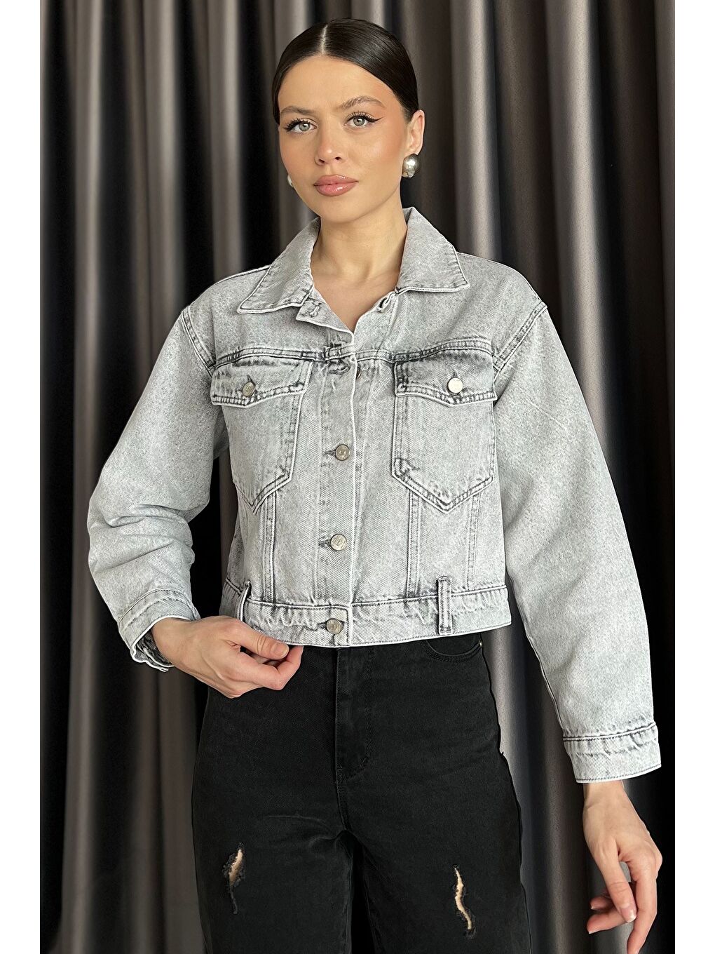 Gri Slim Fit Kadın Jean Ceket-1
