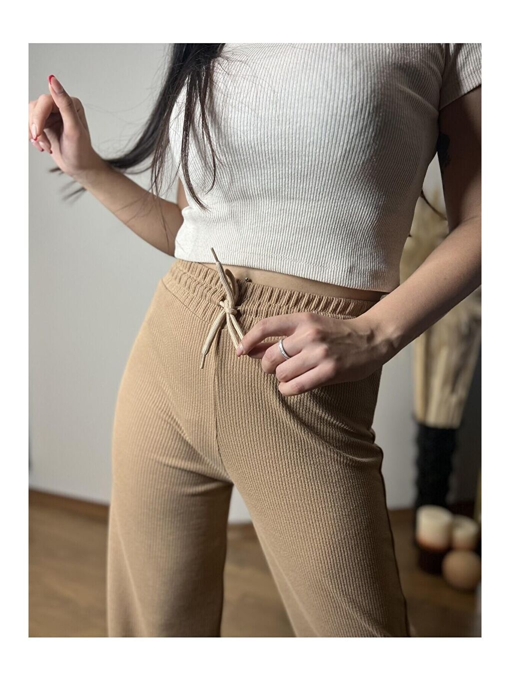 Bej Beli Lastikli Pantolon Bürümcük Kumaş-3