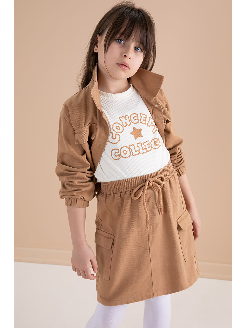 Kahverengi Kahve Göğüs Cepli Jean Ceketli Etekli Kız Çocuk 3'lü Takım 20187