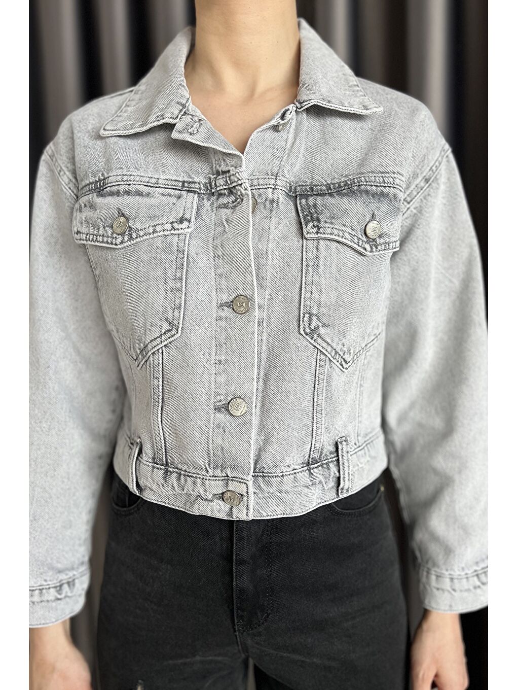Gri Slim Fit Kadın Jean Ceket-2