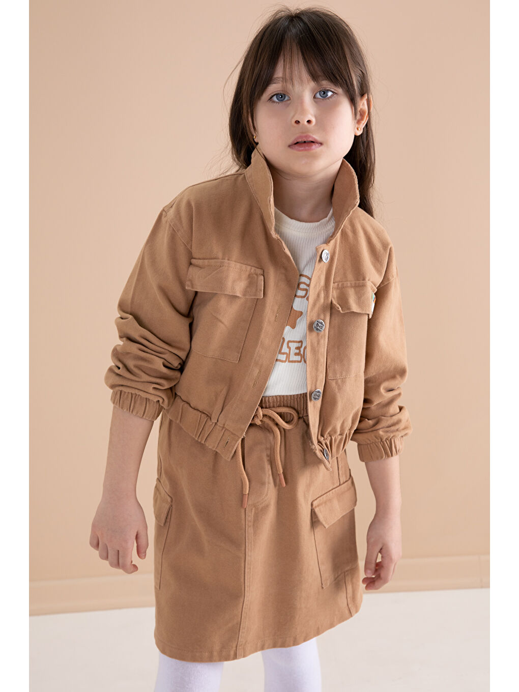 Kahverengi Kahve Göğüs Cepli Jean Ceketli Etekli Kız Çocuk 3'lü Takım 20187-1