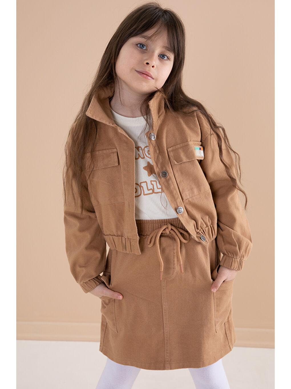 Kahverengi Kahve Göğüs Cepli Jean Ceketli Etekli Kız Çocuk 3'lü Takım 20187-2