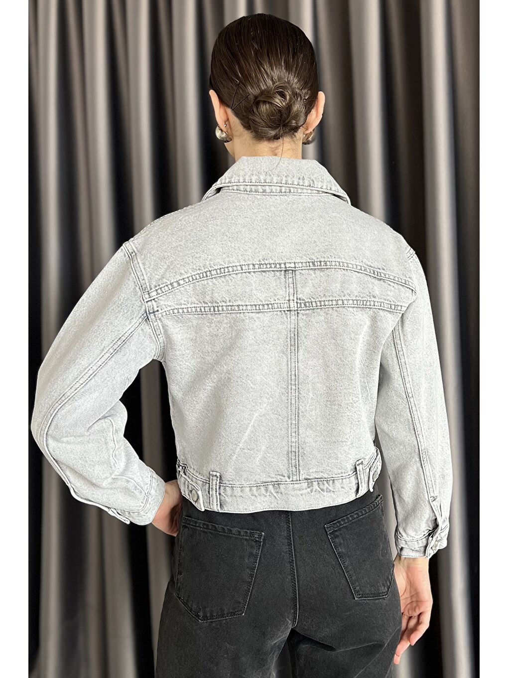 Gri Slim Fit Kadın Jean Ceket-3
