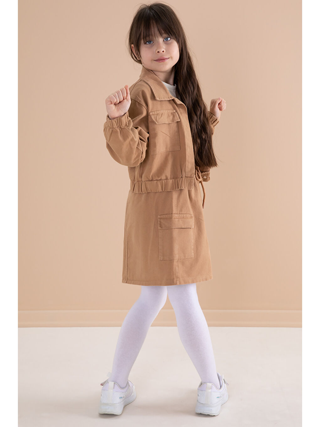 Kahverengi Kahve Göğüs Cepli Jean Ceketli Etekli Kız Çocuk 3'lü Takım 20187-3