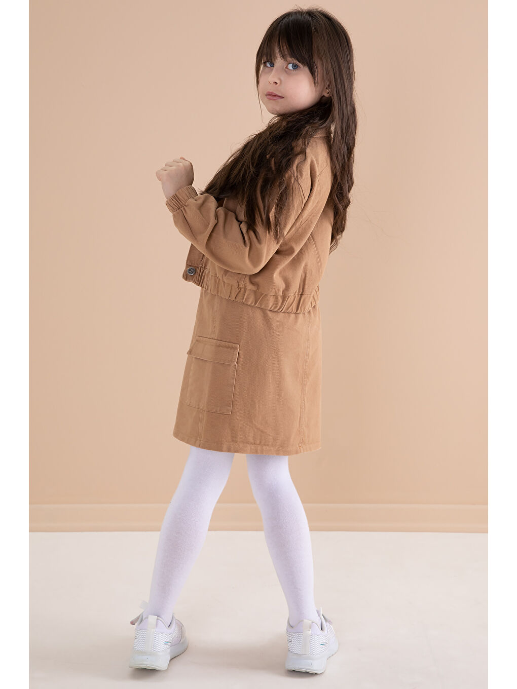 Kahverengi Kahve Göğüs Cepli Jean Ceketli Etekli Kız Çocuk 3'lü Takım 20187-4