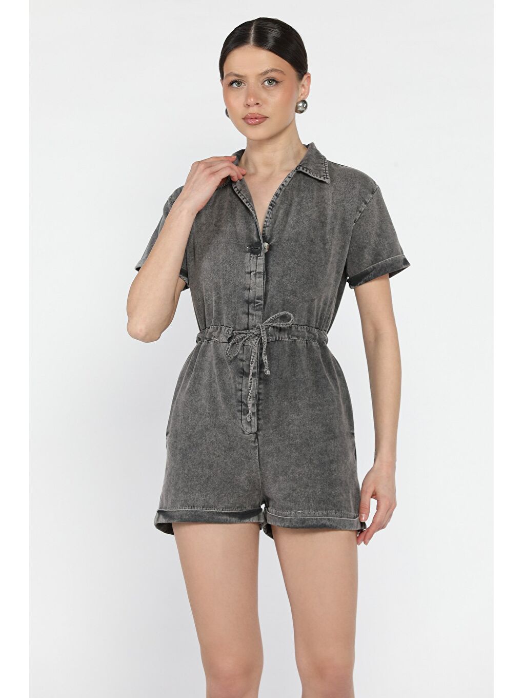 Antrasit Kol Katlamalı Bel Bağcıklı Jean Tulum-1