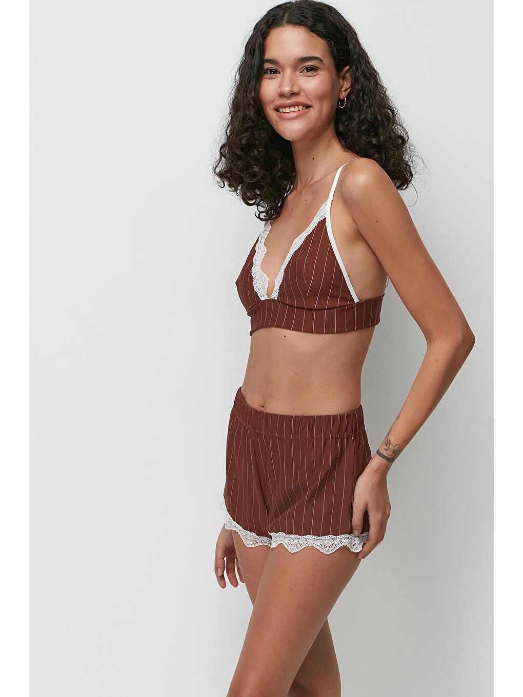 Kahverengi Dantel Detay Bralet Şort Takım 9142 Kahve-2