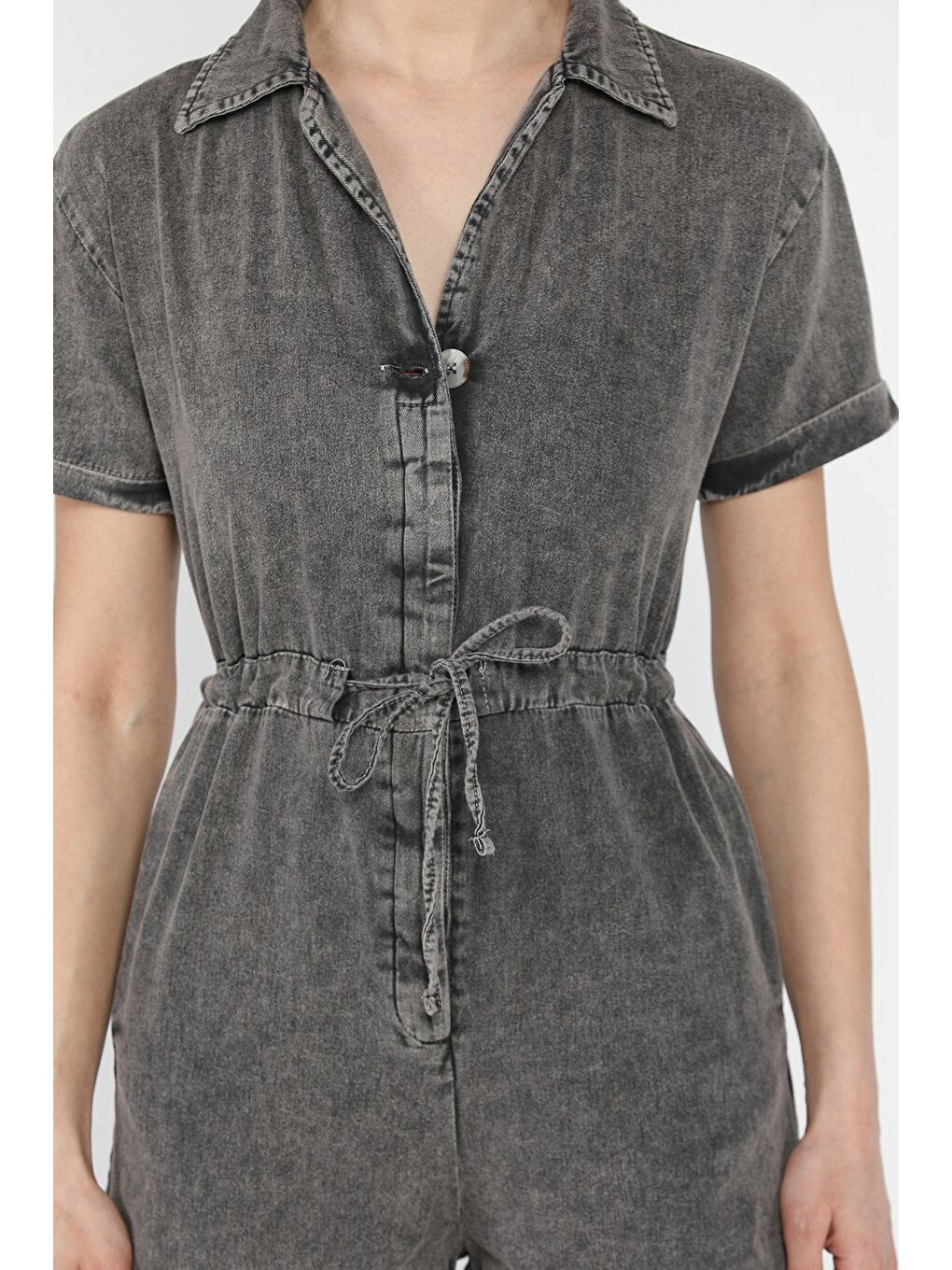 Antrasit Kol Katlamalı Bel Bağcıklı Jean Tulum-3