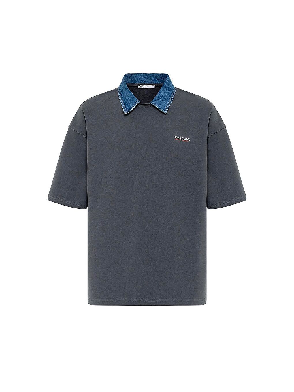 Gri Polo Yaka Yazı Detaylı Oversize Tişört Füme-1