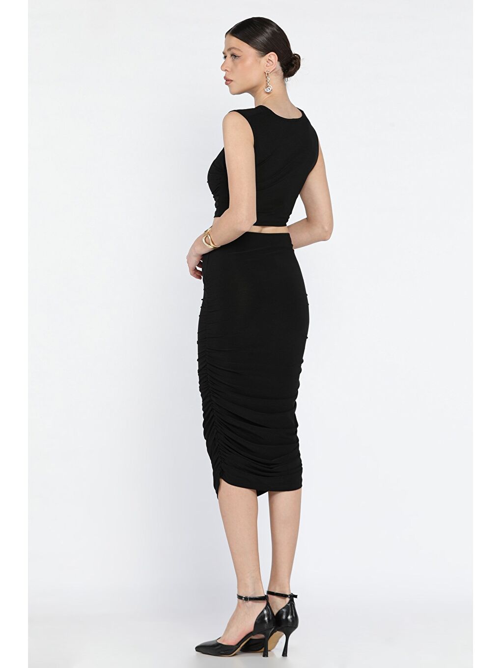 Siyah Kadın Büzgü Detaylı Elastanlı Etek Bluz İkili Takım-2