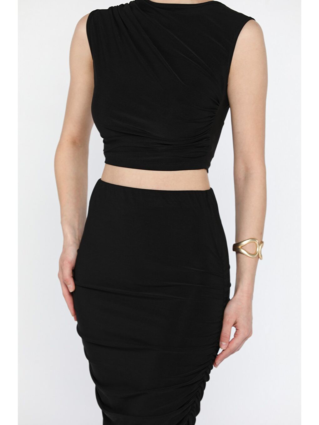 Siyah Kadın Büzgü Detaylı Elastanlı Etek Bluz İkili Takım-3