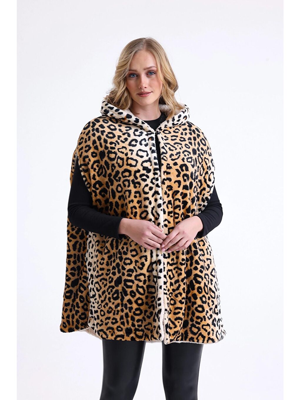 Karışık Uzun Kesim Leopar Desenli Kapüşonlu Suni Kürk Panço Yelek 007-AYSU