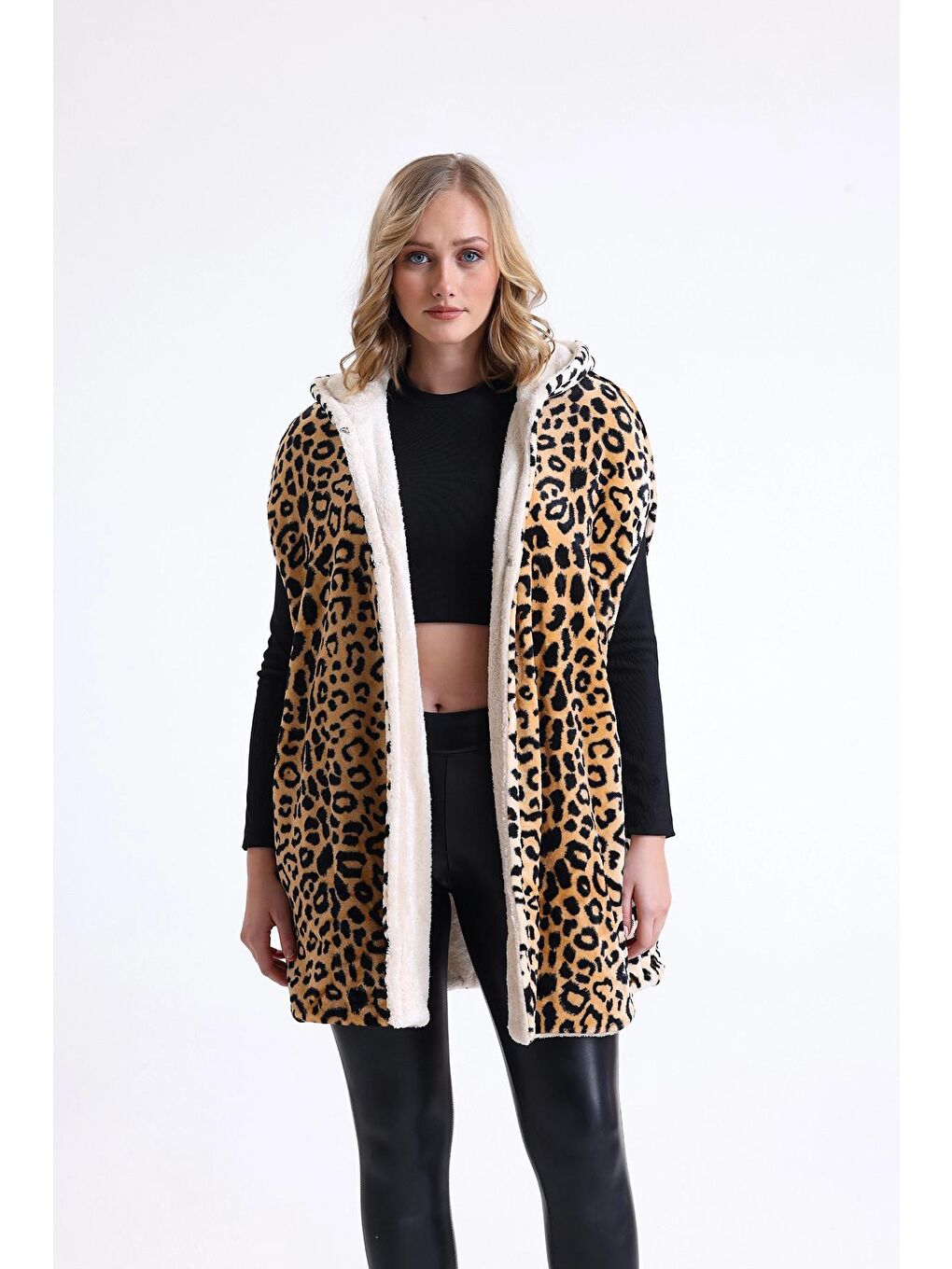 Karışık Uzun Kesim Leopar Desenli Kapüşonlu Suni Kürk Panço Yelek 007-AYSU-2