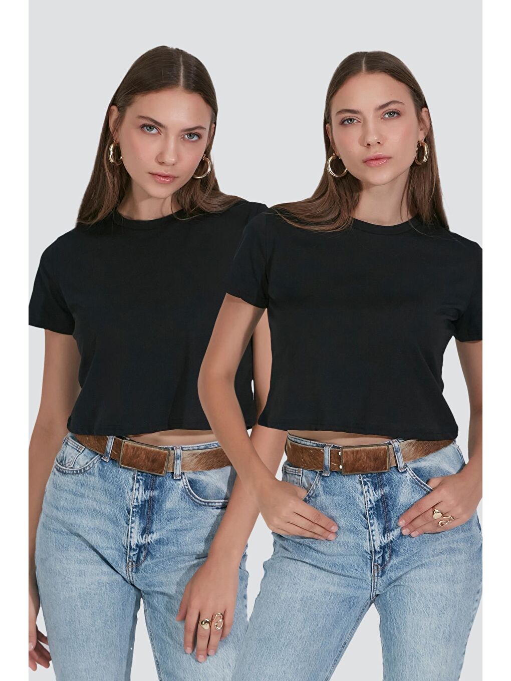 Bisiklet Yaka Kısa Kol 2'Li Crop T-Shirt 956 Siyah