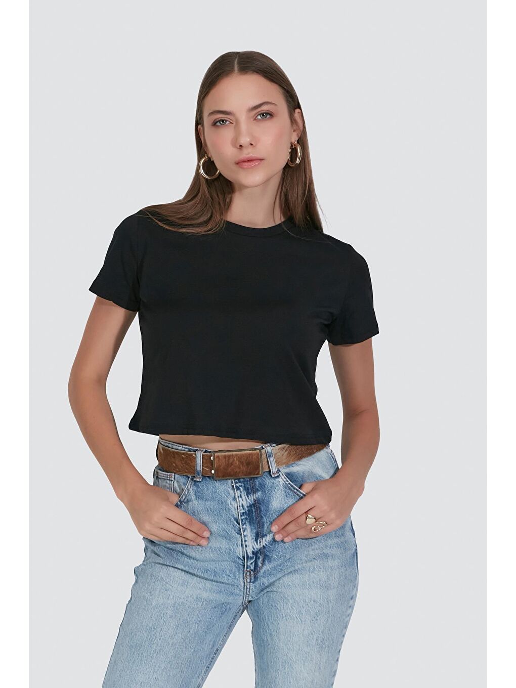 Bisiklet Yaka Kısa Kol 2'Li Crop T-Shirt 956 Siyah-1