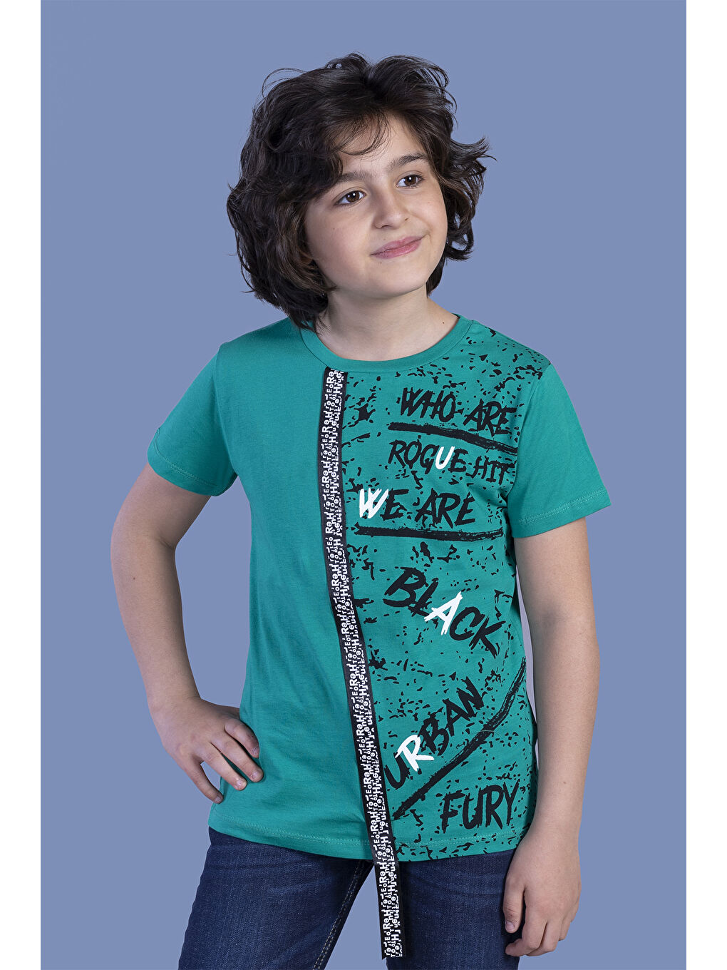 Yeşil Erkek Çocuk Şerit Detaylı Baskılı Tişört-2