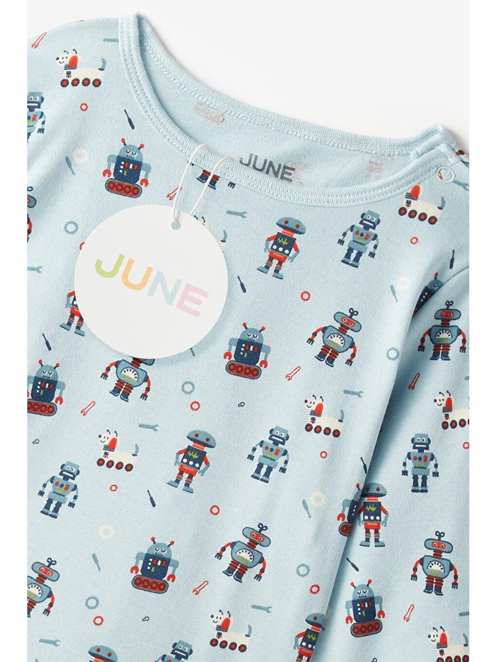 June Mavi Bisiklet Yaka Organik Bebek Robot Desenli Kız Bebek Pijama Takım - 3