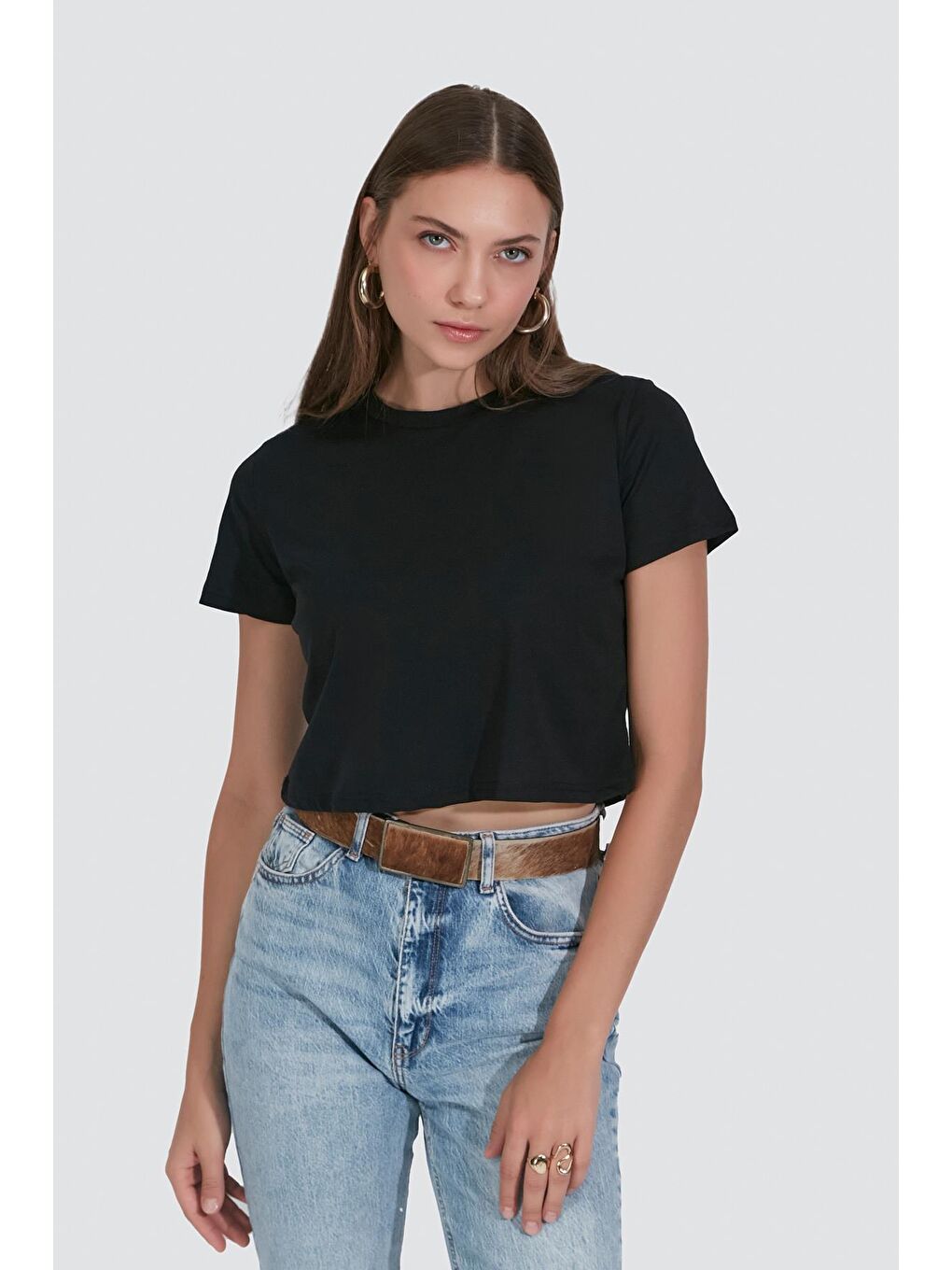 Bisiklet Yaka Kısa Kol 2'Li Crop T-Shirt 956 Siyah-2