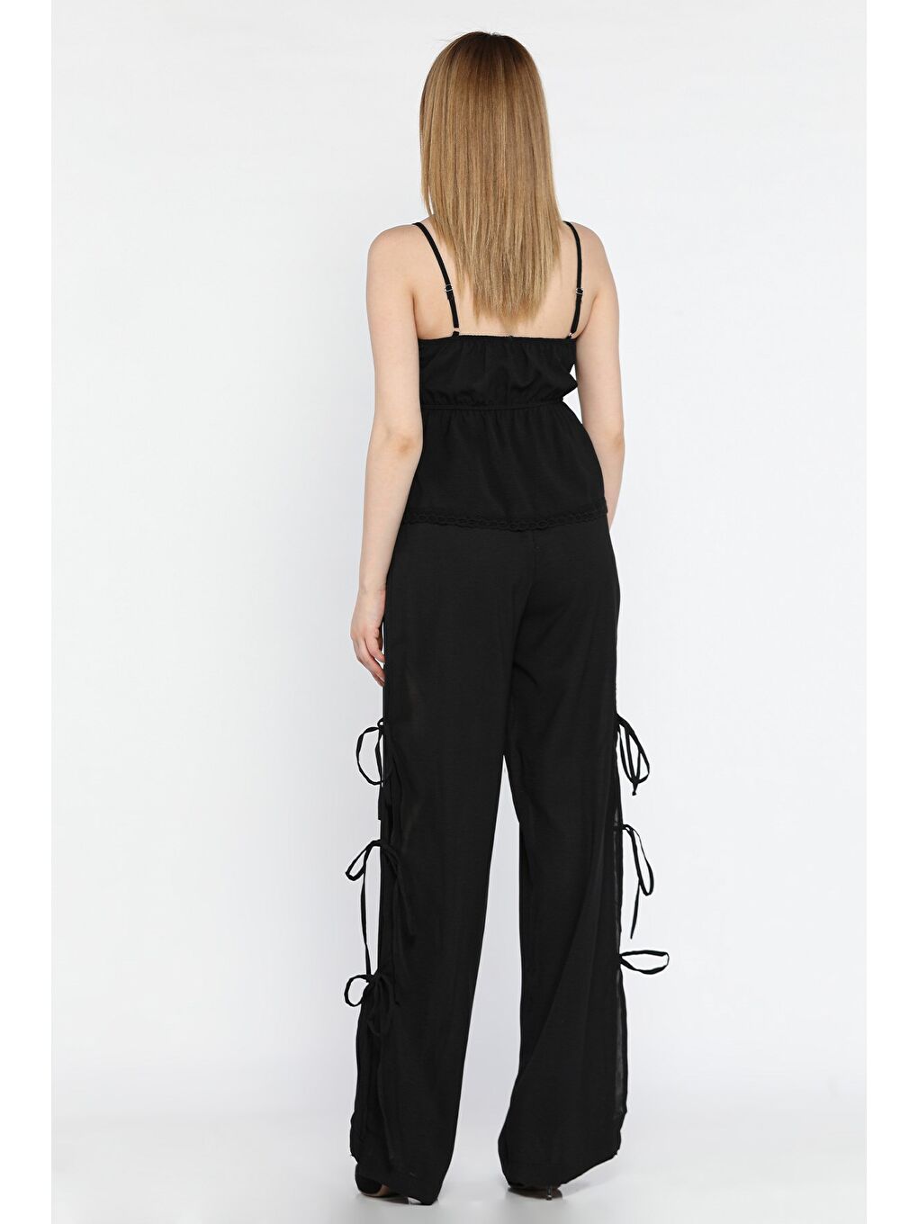 Siyah İp Askılı Bel Lastikli Bluz Pantolon İkili Takım-2