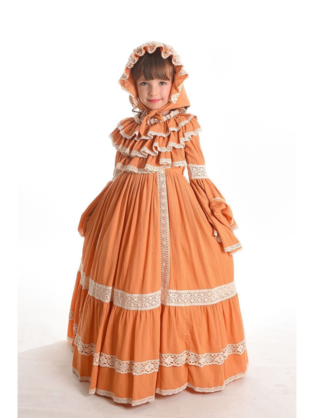 Turuncu Özel Tasarım Vintage Kız Çocuk Elbise, Saç Aksesuarlı Kız Çocuk Abiye Elbise, Uzun Kız Çocuk Elbise-1